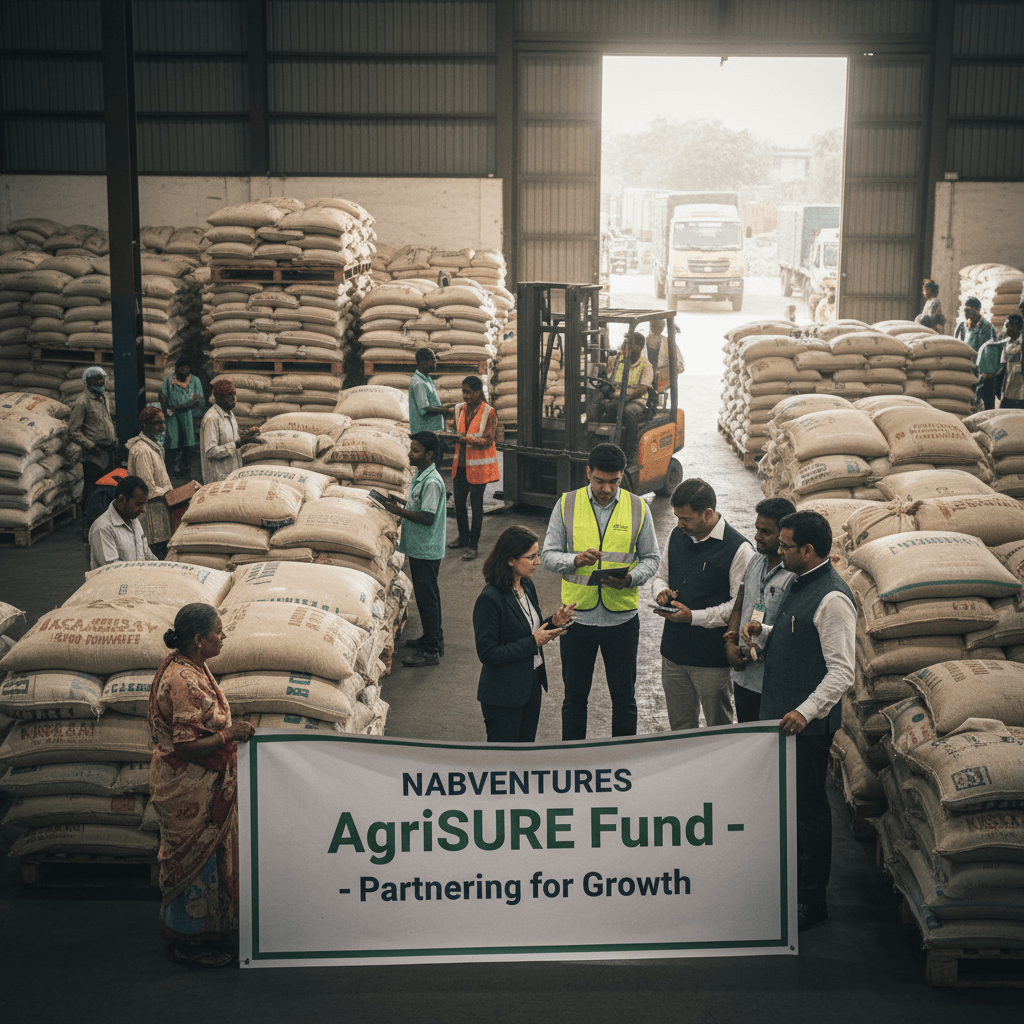 People in a warehouse with stacked sacks. Some individuals are holding a banner for "NABVENTURES AgriSURE Fund".