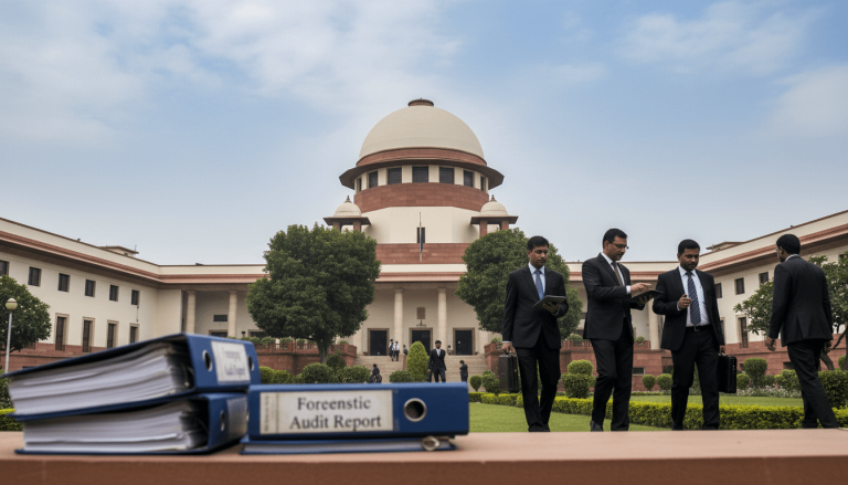 Blue binders labeled "Forensic Audit Report" on a ledge, with the Indian Supreme Court building and men in suits in the background.