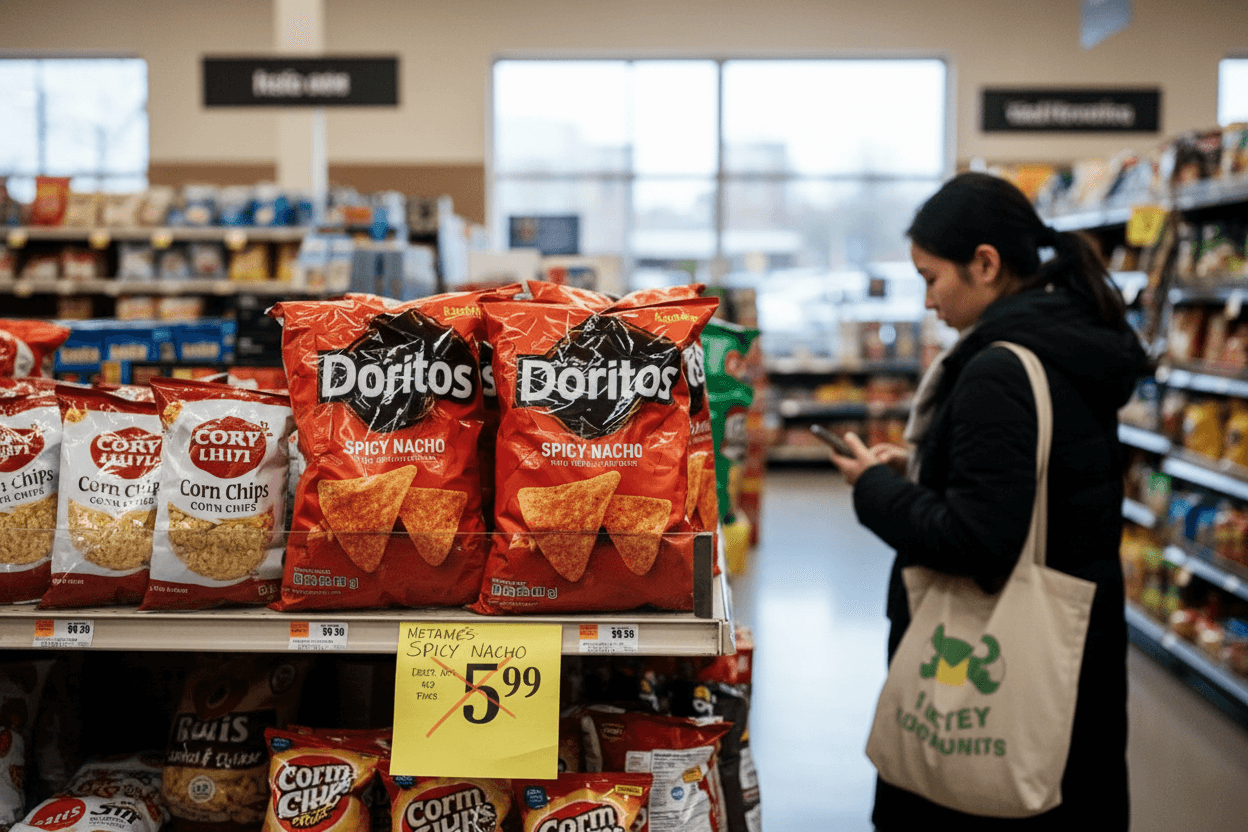 A candid shot of Doritos bags prominently displayed on a supermarket shelf with a price tag showing "$5.99." A shopper in the background is looking at her phone.
