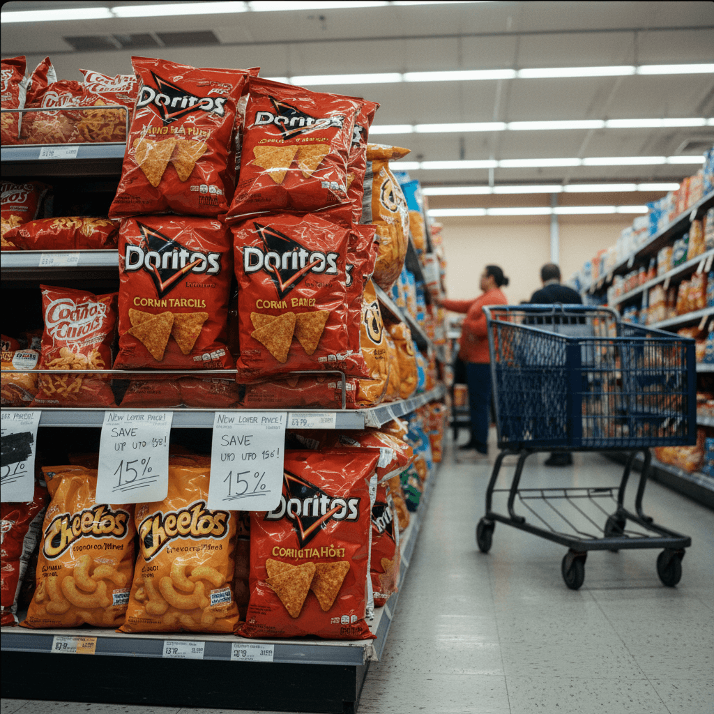 Bags of Doritos and Cheetos on a grocery store shelf with "New Lower Price" signs. A shopping cart is nearby.