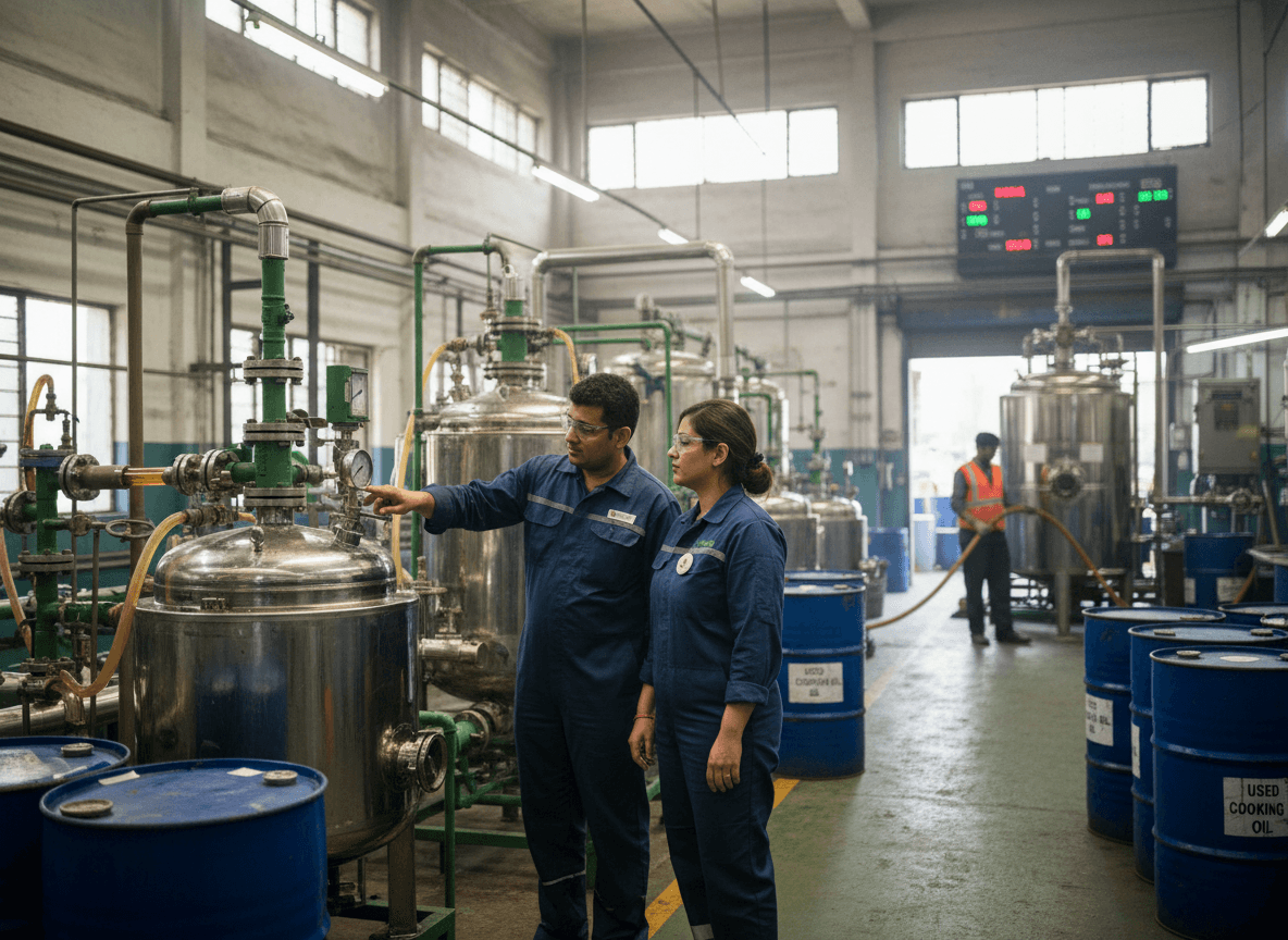 Two workers in blue overalls and safety glasses inspect machinery in a large industrial plant with barrels.
