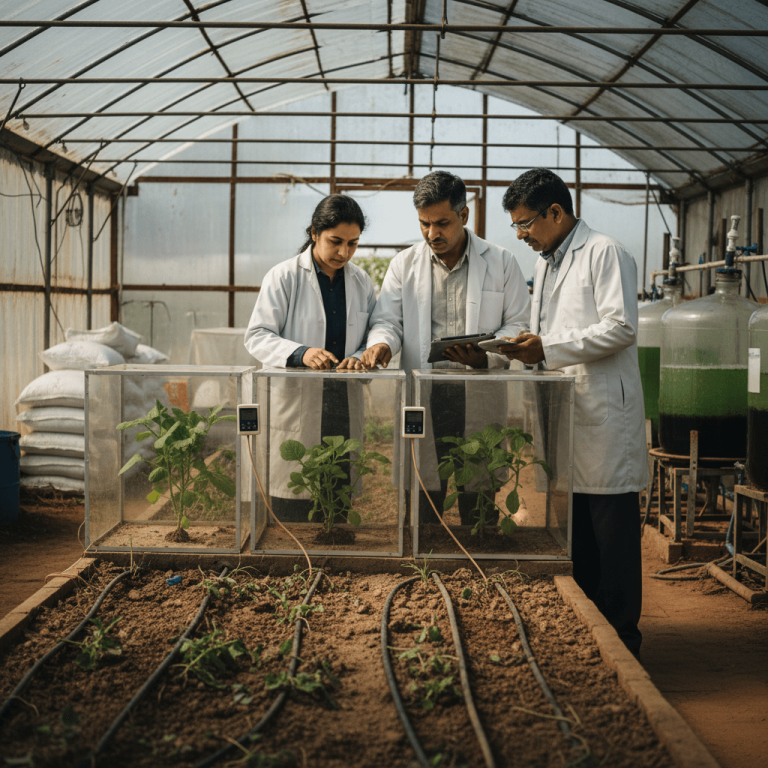 Three scientists in lab coats examine plants within clear enclosures inside a greenhouse, with irrigation lines visible.