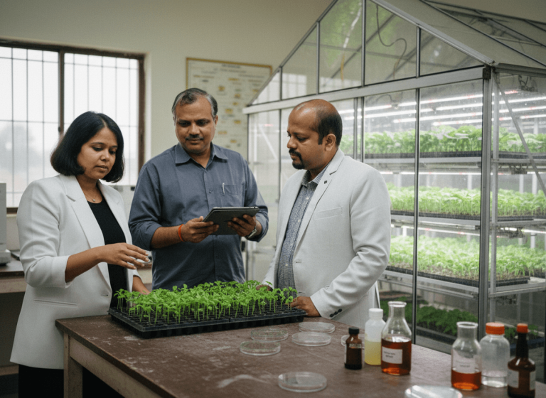 Three Indian scientists, two men and one woman, examine trays of green seedlings in a research lab with a small greenhouse.