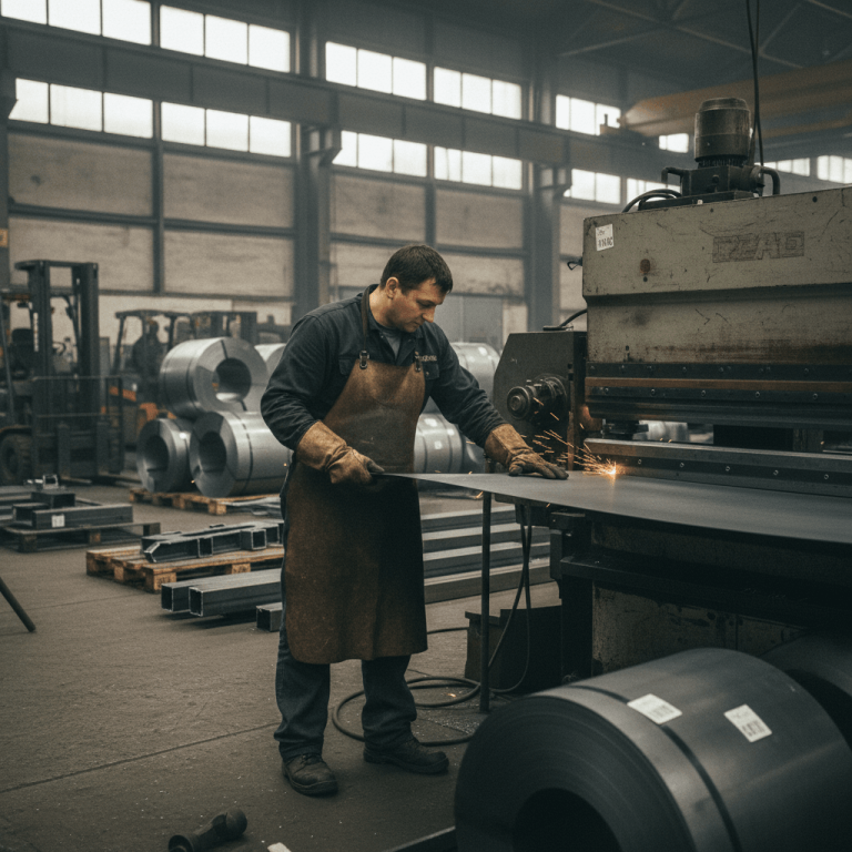 A male factory worker in an apron and gloves operates machinery, cutting a sheet of steel, with sparks visible.