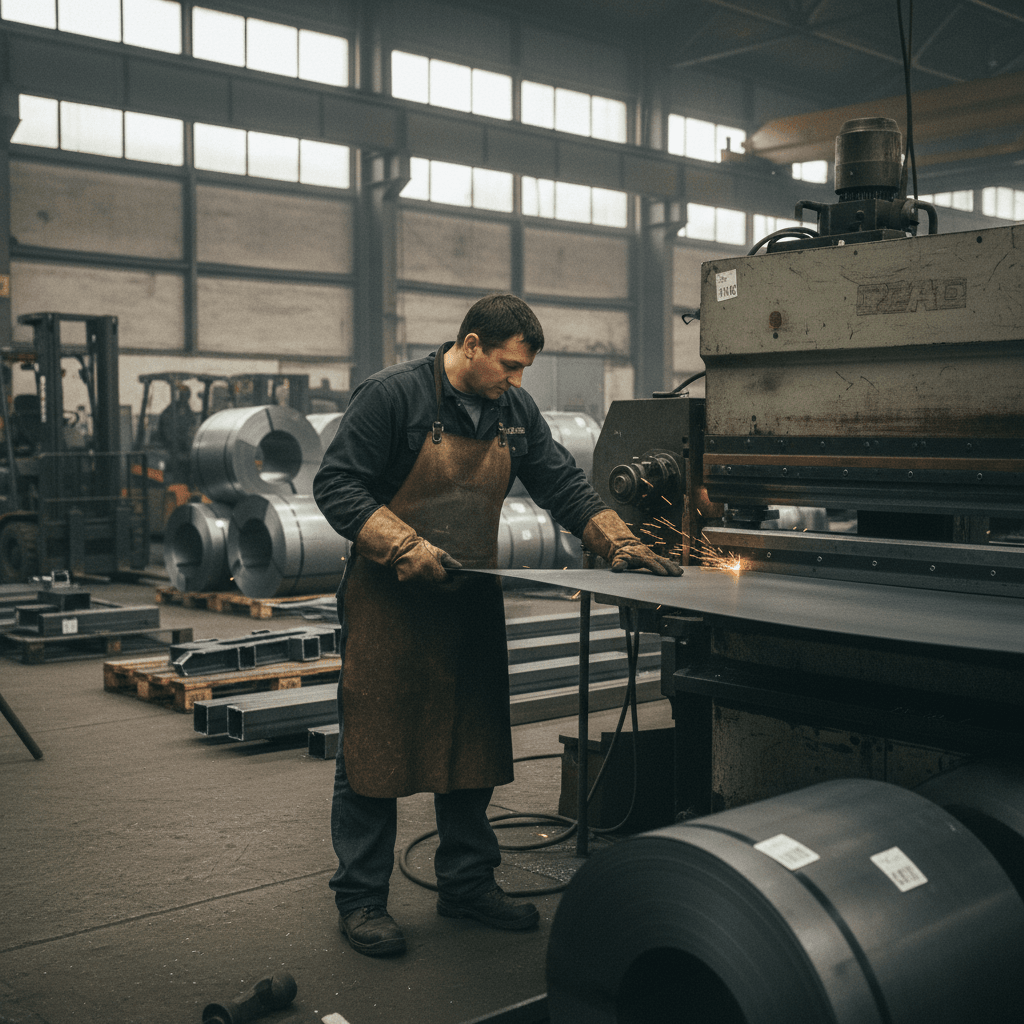 A male factory worker in an apron and gloves operates machinery, cutting a sheet of steel, with sparks visible.