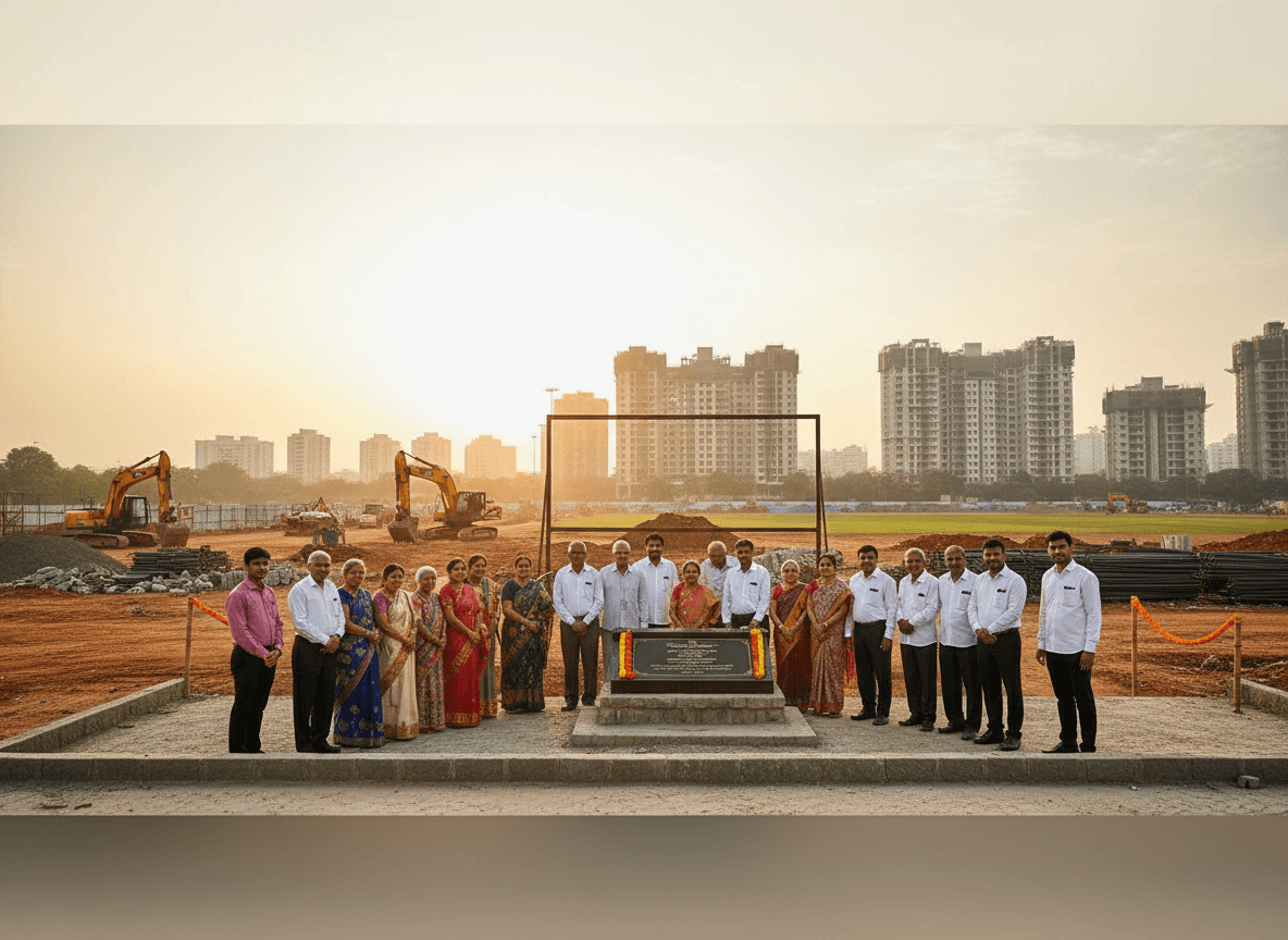 A group of people, including older adults and younger professionals, standing on a construction site at sunset, with buildings in the background.