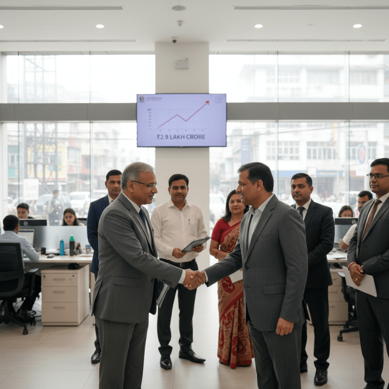 Two men in suits shake hands in a modern office, surrounded by other bank employees.