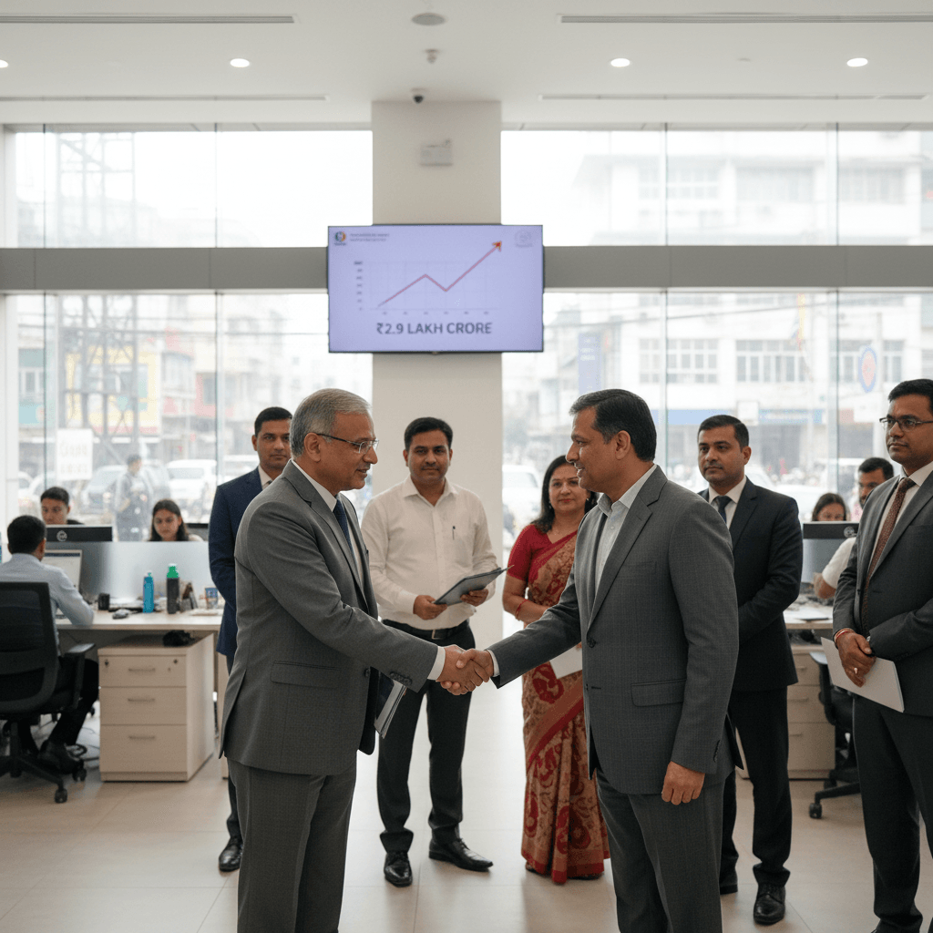 Two men in suits shake hands in a modern office, surrounded by other bank employees.