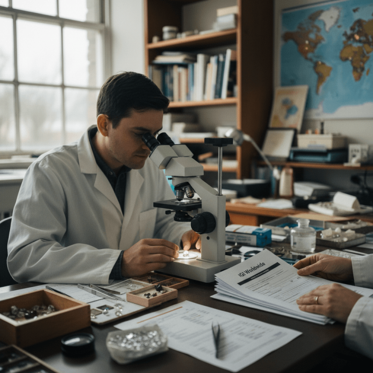 A male gemologist in a lab coat examines gemstones under a microscope, with a world map and documents in the background.