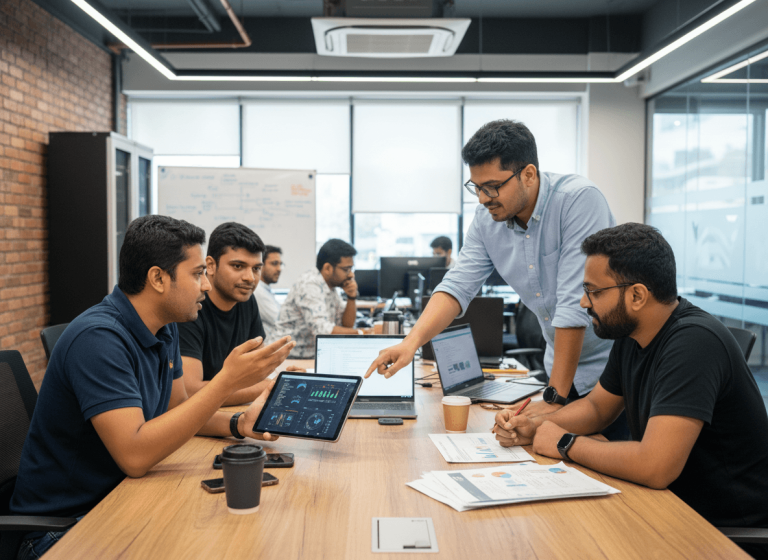 Four men, part of an AI startup team, collaborate around a table, reviewing data visualizations on a tablet and laptop.