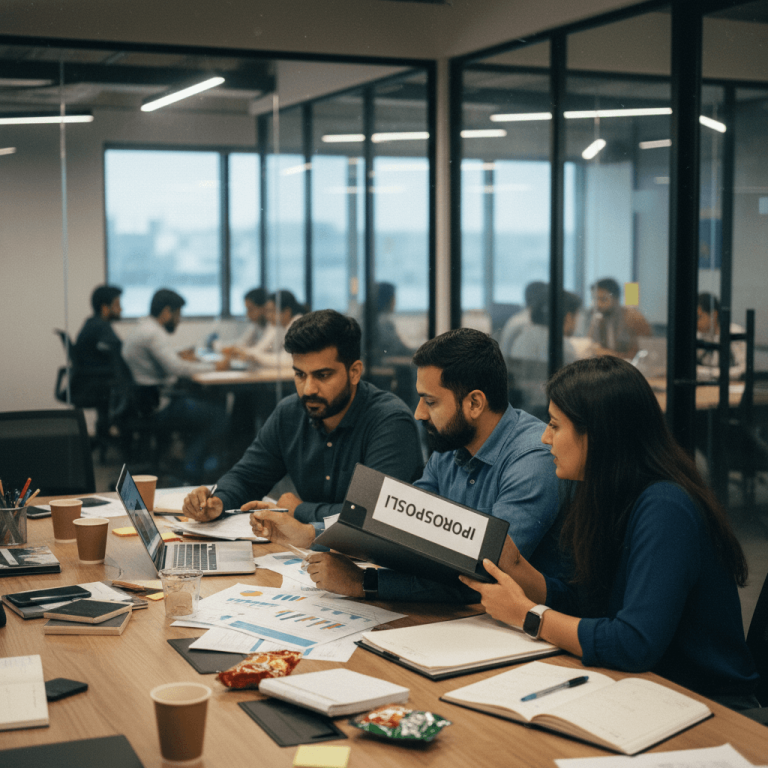 A group of investment bankers in an office discussing documents and a laptop, with an "IPOS" label visible.