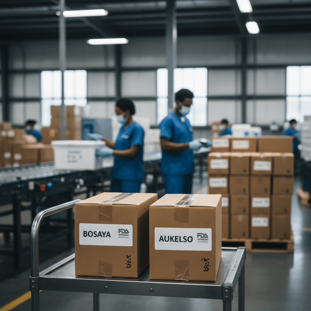 Cardboard boxes labeled "Bosaya" and "Aukelso" with FDA logos on a cart in a busy pharmaceutical warehouse.