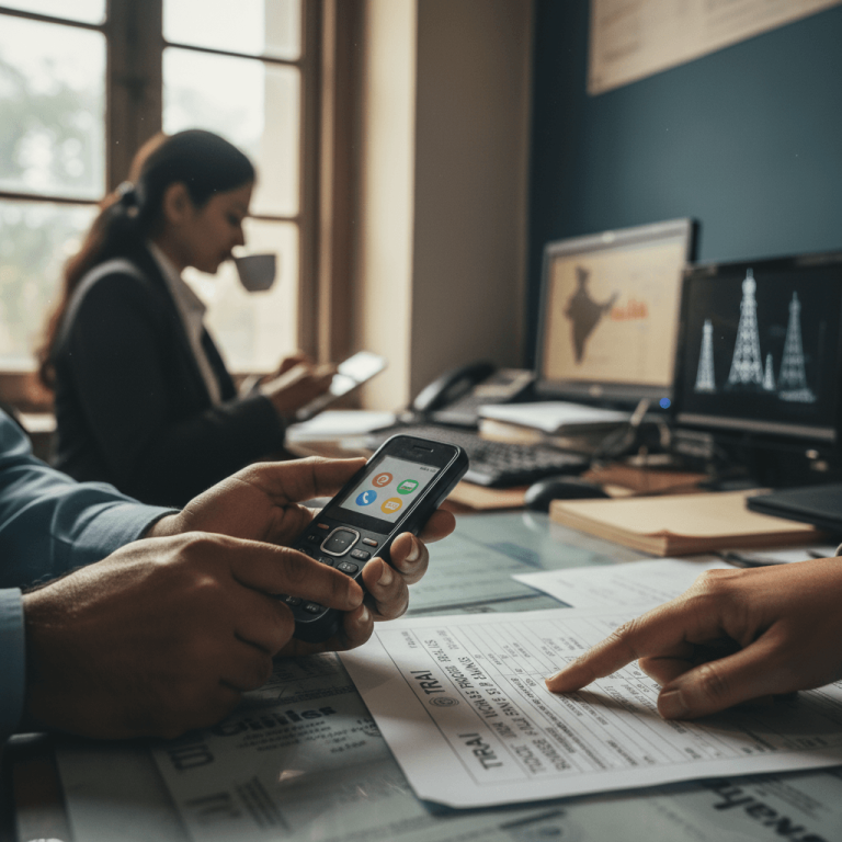 Close-up of hands, one holding a feature phone, another pointing to a TRAI document. A person sips coffee in background.
