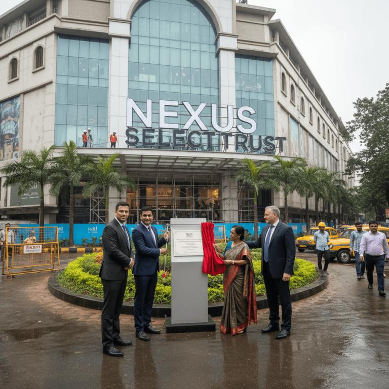 A group of business people unveil a plaque outside a large modern mall building under the "Nexus Select Trust" sign.