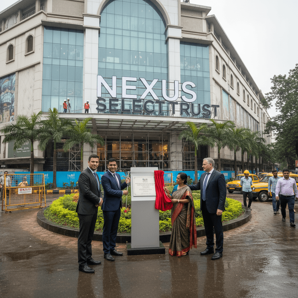 A group of business people unveil a plaque outside a large modern mall building under the "Nexus Select Trust" sign.