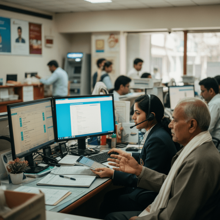 A bank employee wearing a headset and an elderly customer look at a tablet and computer screens.