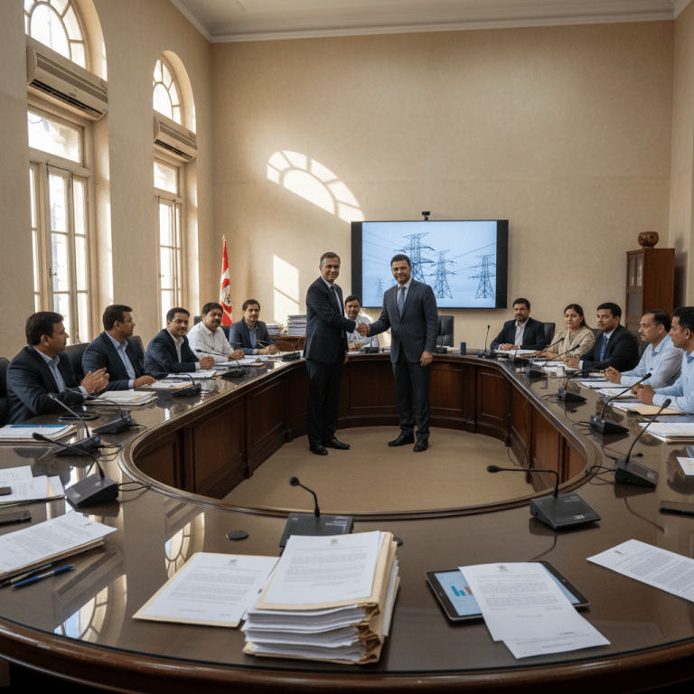 Two men in suits shake hands across a conference table, surrounded by other executives in a formal meeting room.