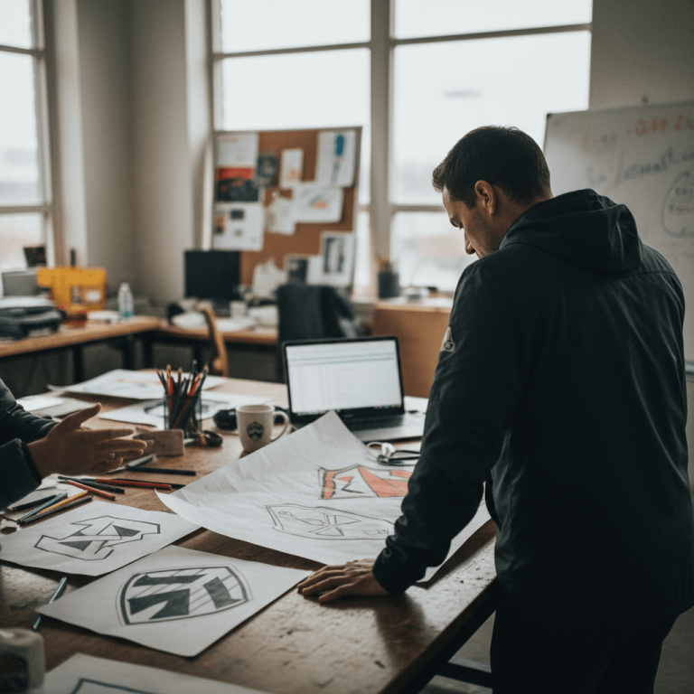 Two people in a cluttered design studio, one standing and one seated, examining various hand-drawn logo concepts spread on a wooden table.