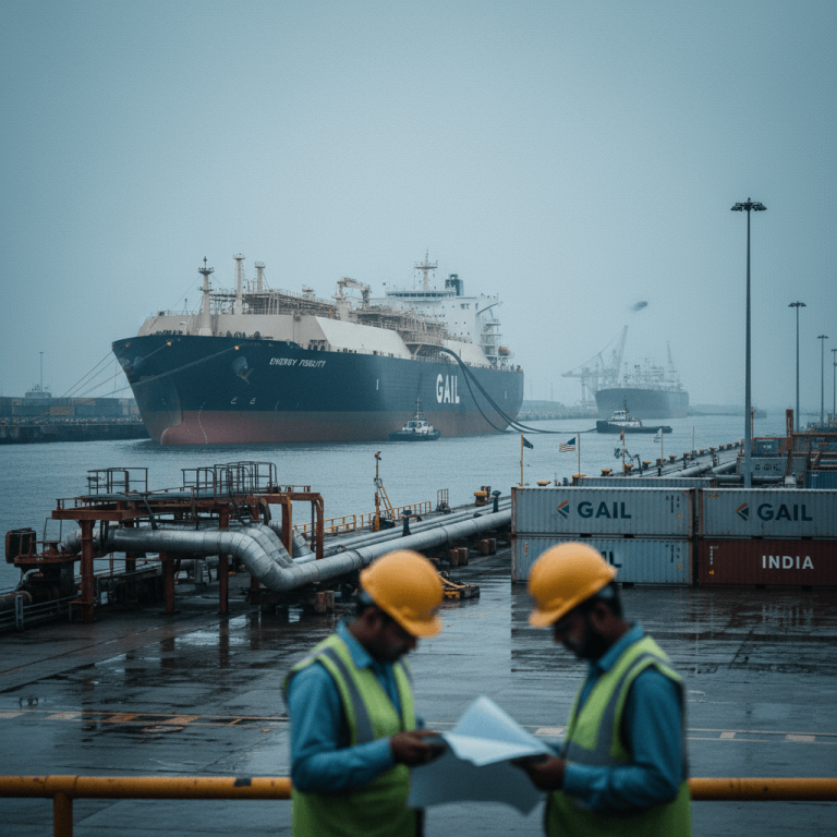 Two port workers in hard hats review documents, with an LNG carrier ship docked in the background under an overcast sky.