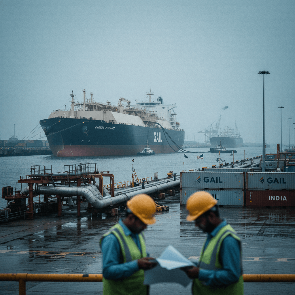 Two port workers in hard hats review documents, with an LNG carrier ship docked in the background under an overcast sky.