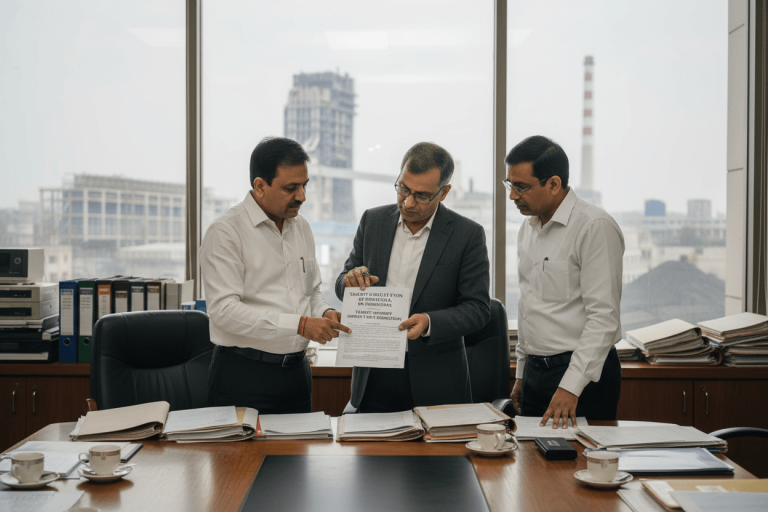 Three Indian men in an office examine documents. One points to a paper, with an industrial landscape visible outside the window.