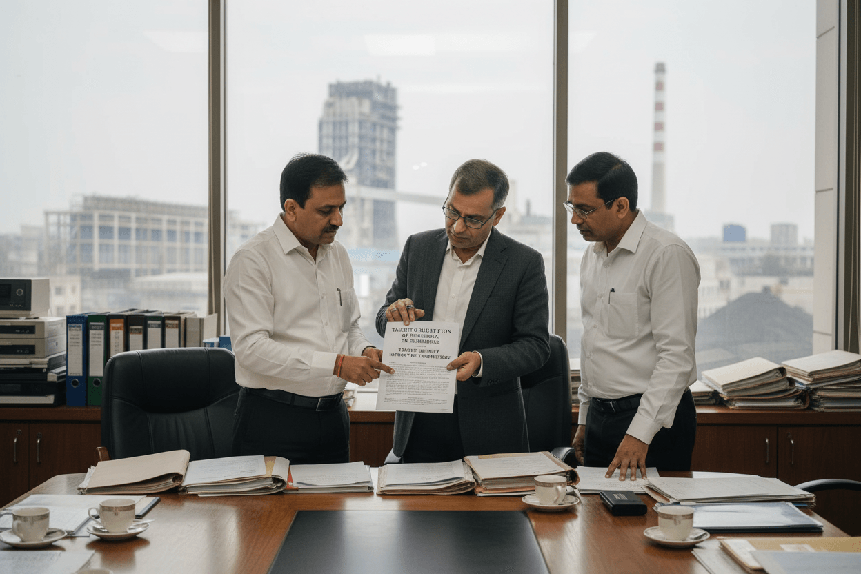 Three Indian men in an office examine documents. One points to a paper, with an industrial landscape visible outside the window.