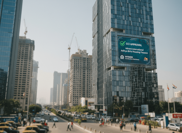A large digital billboard displaying "CCI APPROVAL" and company logos for Advent International and Aditya Birla Housing Finance.