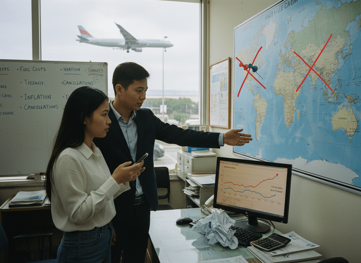 Two people in an office, one pointing at a world map with red X marks, while an airplane lands in the background.