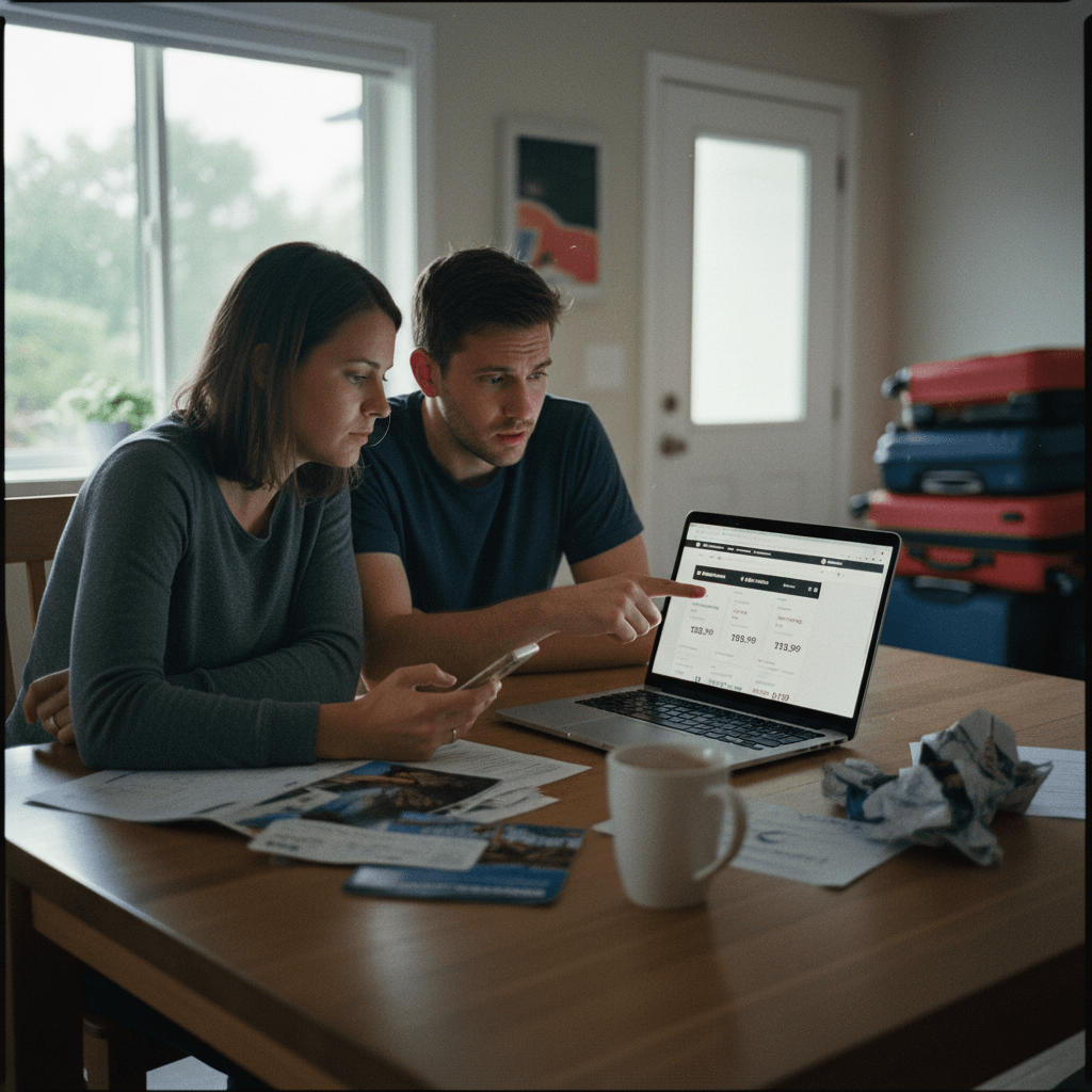 A couple sits at a dining table, looking intently at a laptop screen displaying flight prices. Luggage is stacked nearby.