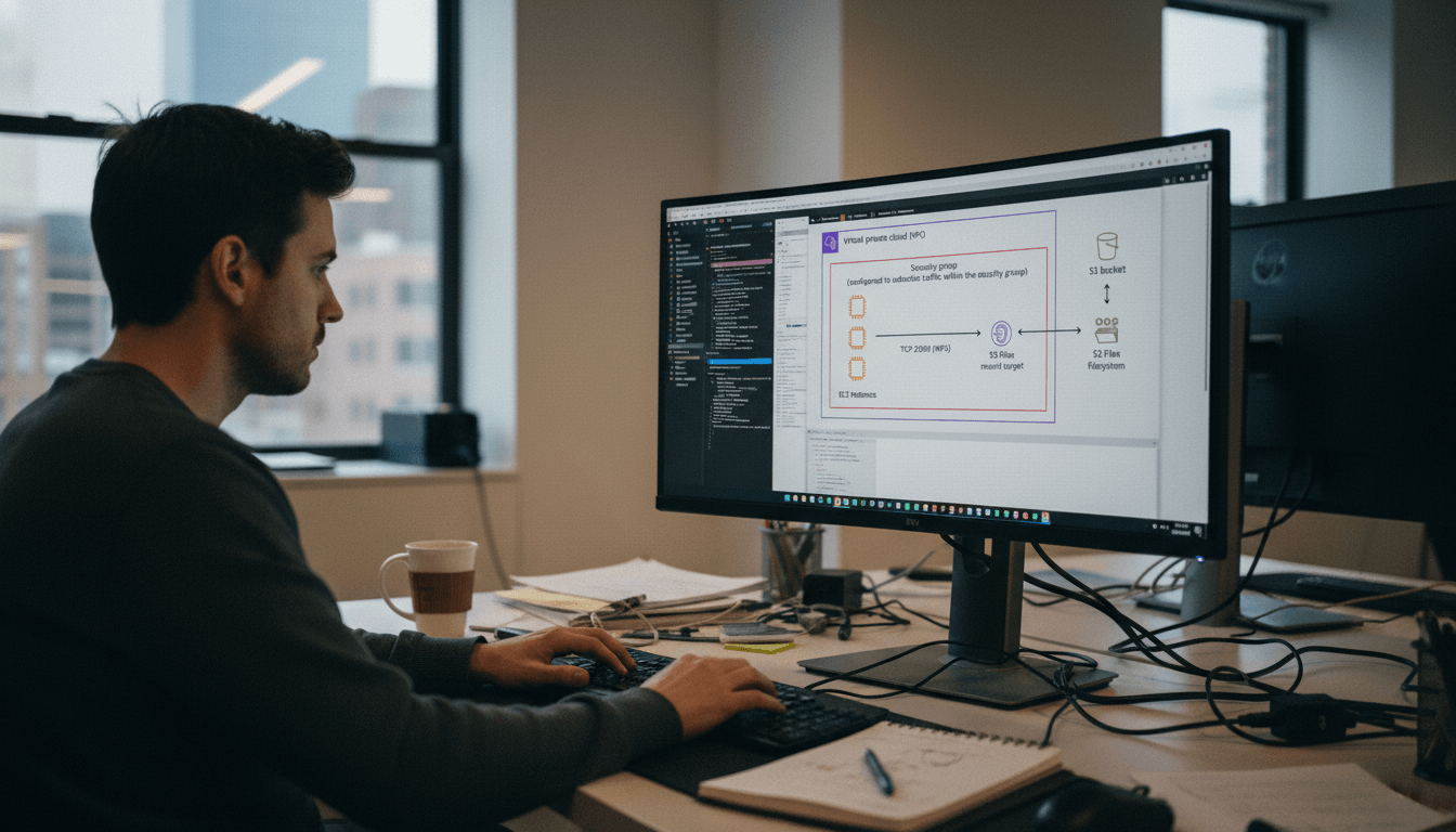 A man focused on his computer screen displaying a complex AWS cloud architecture diagram for S3 Files and EC2.