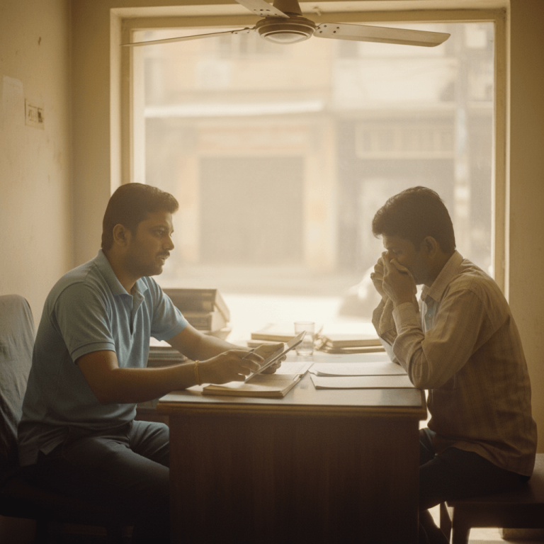 A loan officer sits across a desk from a man who appears stressed, talking about loan repayments.