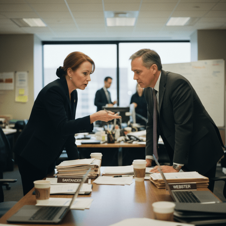 Two executives, a woman and a man, lean over a cluttered conference table in an office, engrossed in serious discussion.