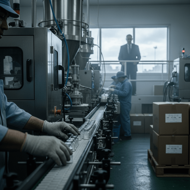 A man in a dark suit stands overlooking a busy pharmaceutical factory floor with workers and machinery.