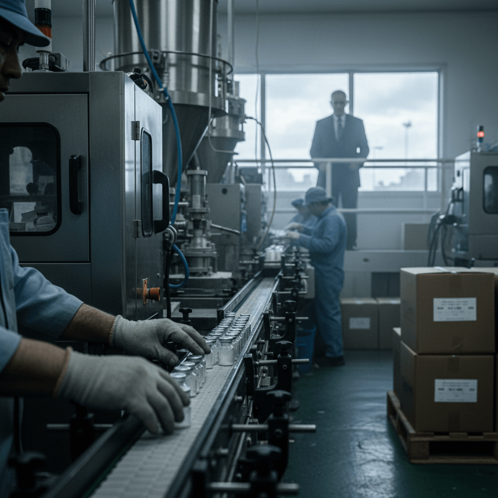 A man in a dark suit stands overlooking a busy pharmaceutical factory floor with workers and machinery.