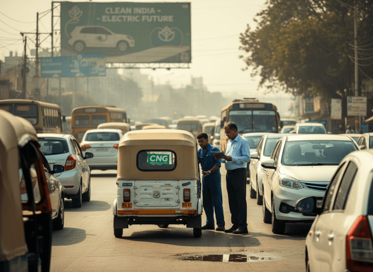 Two men, one in uniform, discuss documents beside a CNG auto-rickshaw on a crowded street in India, with a billboard promoting clean energy.