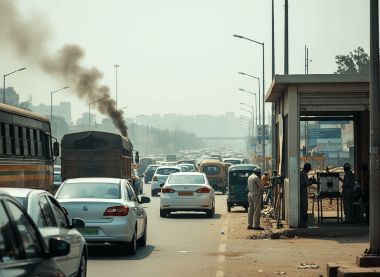 A busy Indian street with cars, auto-rickshaws, and a truck emitting dark smoke, a person stands near a small roadside stall.