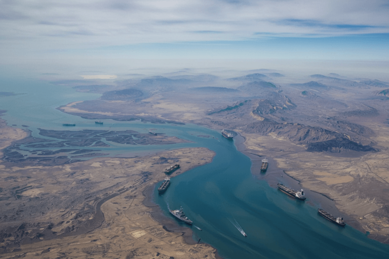 An aerial shot of the Strait of Hormuz, with multiple cargo ships and tankers in the water.