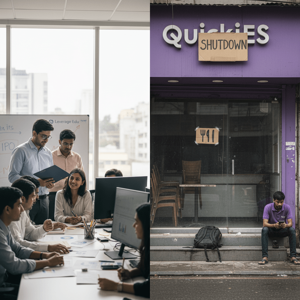Left: A team meeting in a bright, modern office. Right: A man sits outside a closed "QuickiES" store with a "SHUTDOWN" sign.