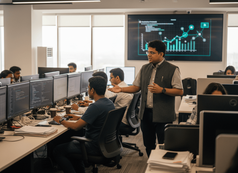 A man in a vest gestures while speaking to colleagues in an open-plan office with computers and a large screen displaying charts.