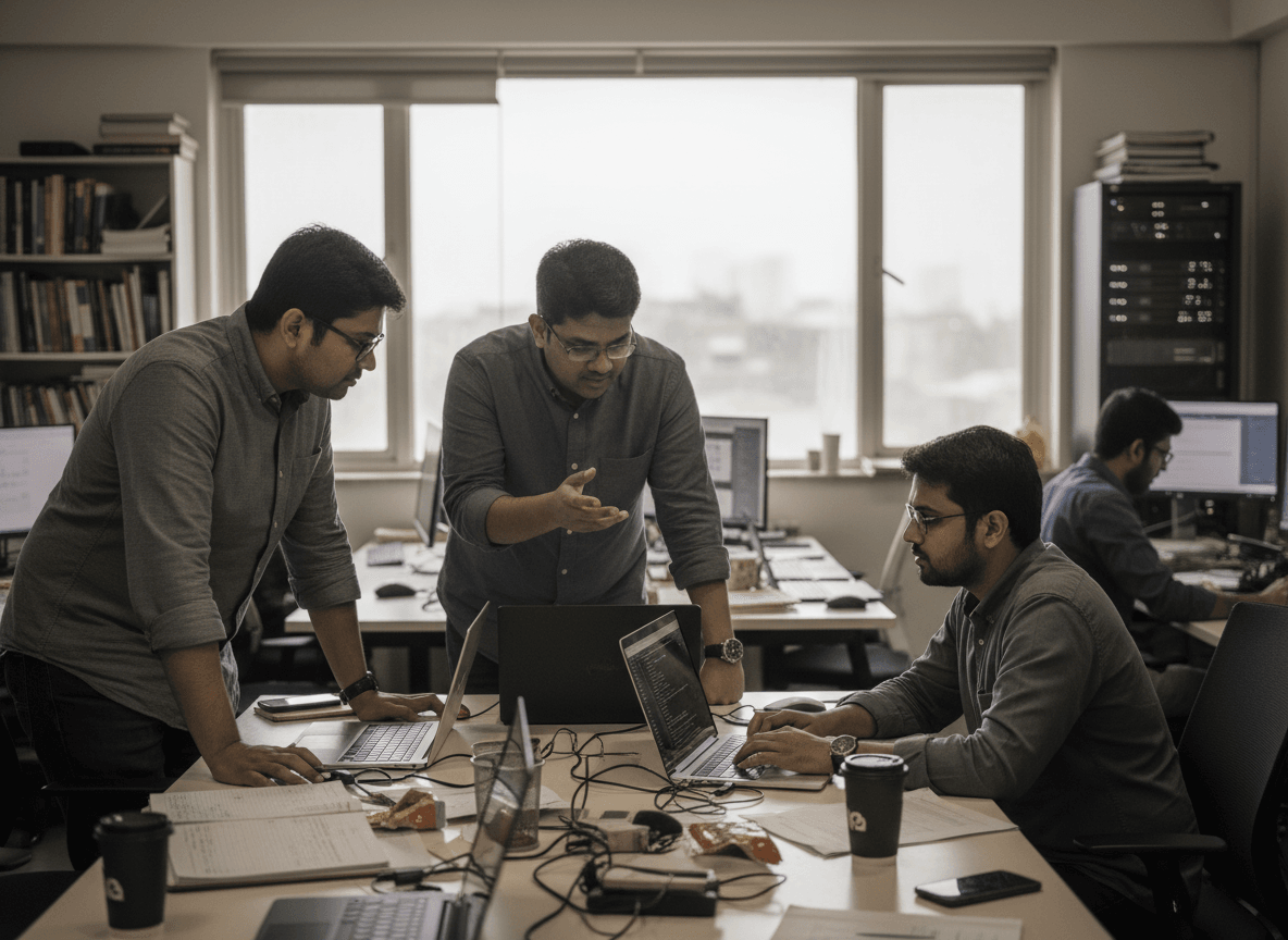 Three men in casual shirts and glasses intently discuss work around laptops on a cluttered office desk.