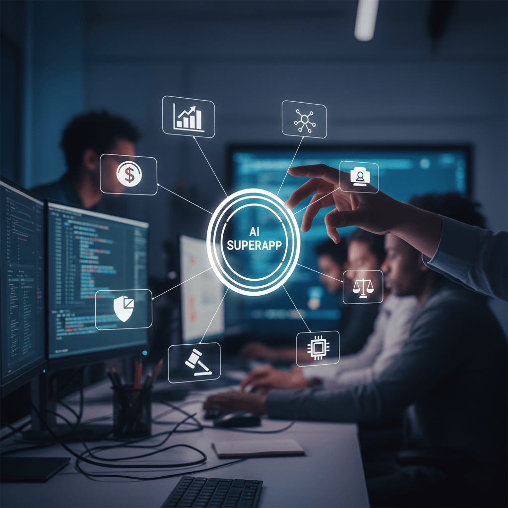 A candid shot of a developer reaching towards a screen displaying a conceptual "AI Superapp" hub with various interconnected icons.