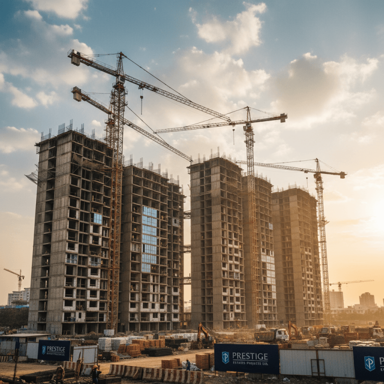 Wide shot of a large construction site with multiple unfinished high-rise buildings and cranes under a golden sunset sky.