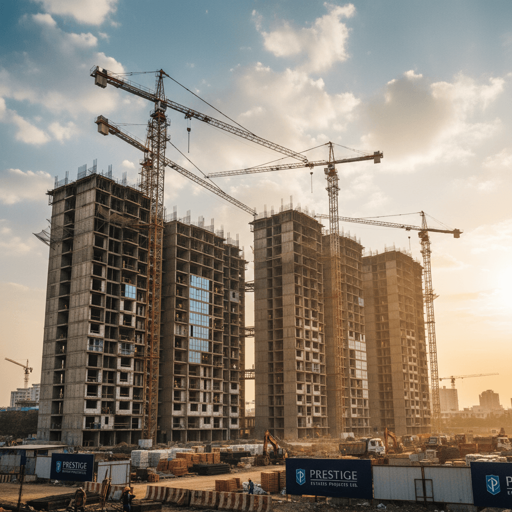 Wide shot of a large construction site with multiple unfinished high-rise buildings and cranes under a golden sunset sky.