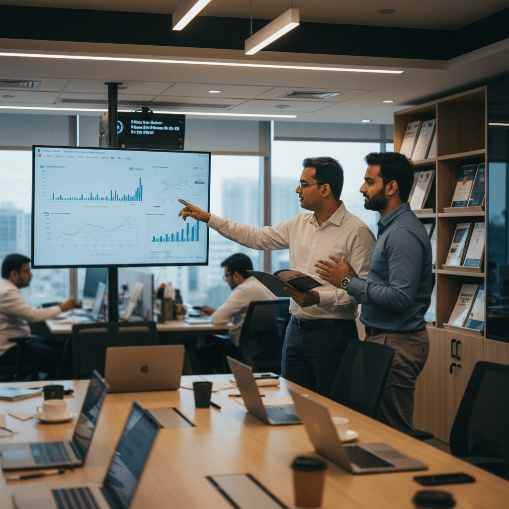 Sajja Praveen Chowdary gestures at a data display, discussing a report with a colleague in a modern office.