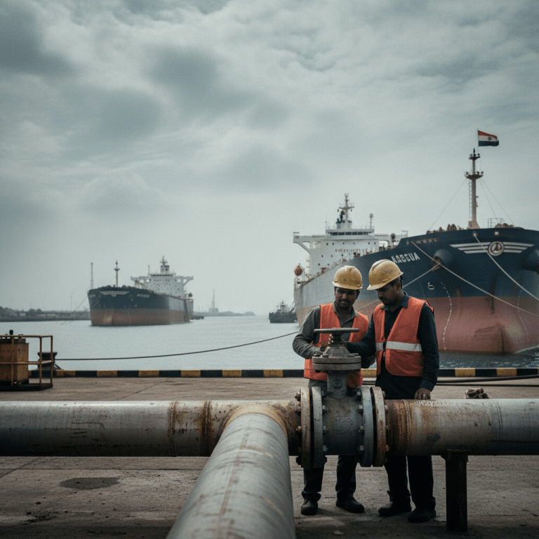 Two Indian port workers in hard hats and safety vests operate a large valve on an industrial pipeline at a bustling port.