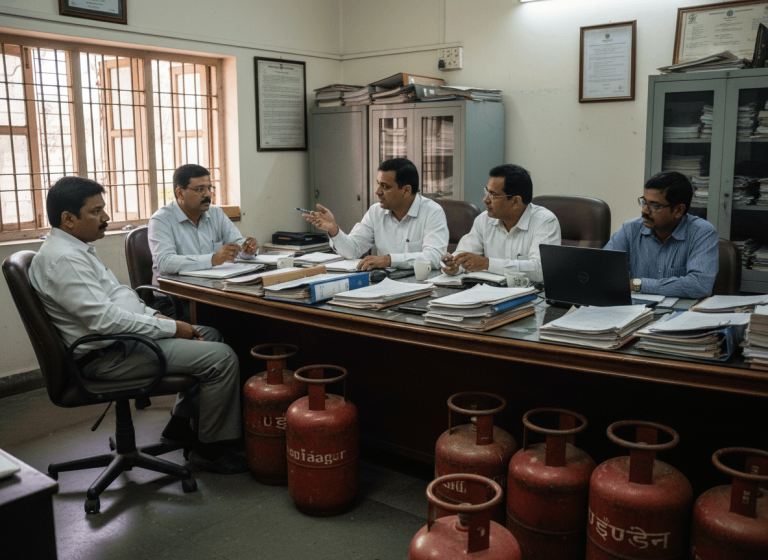 Five Indian government officials in a meeting room, with old LPG cylinders placed on the floor in the foreground.