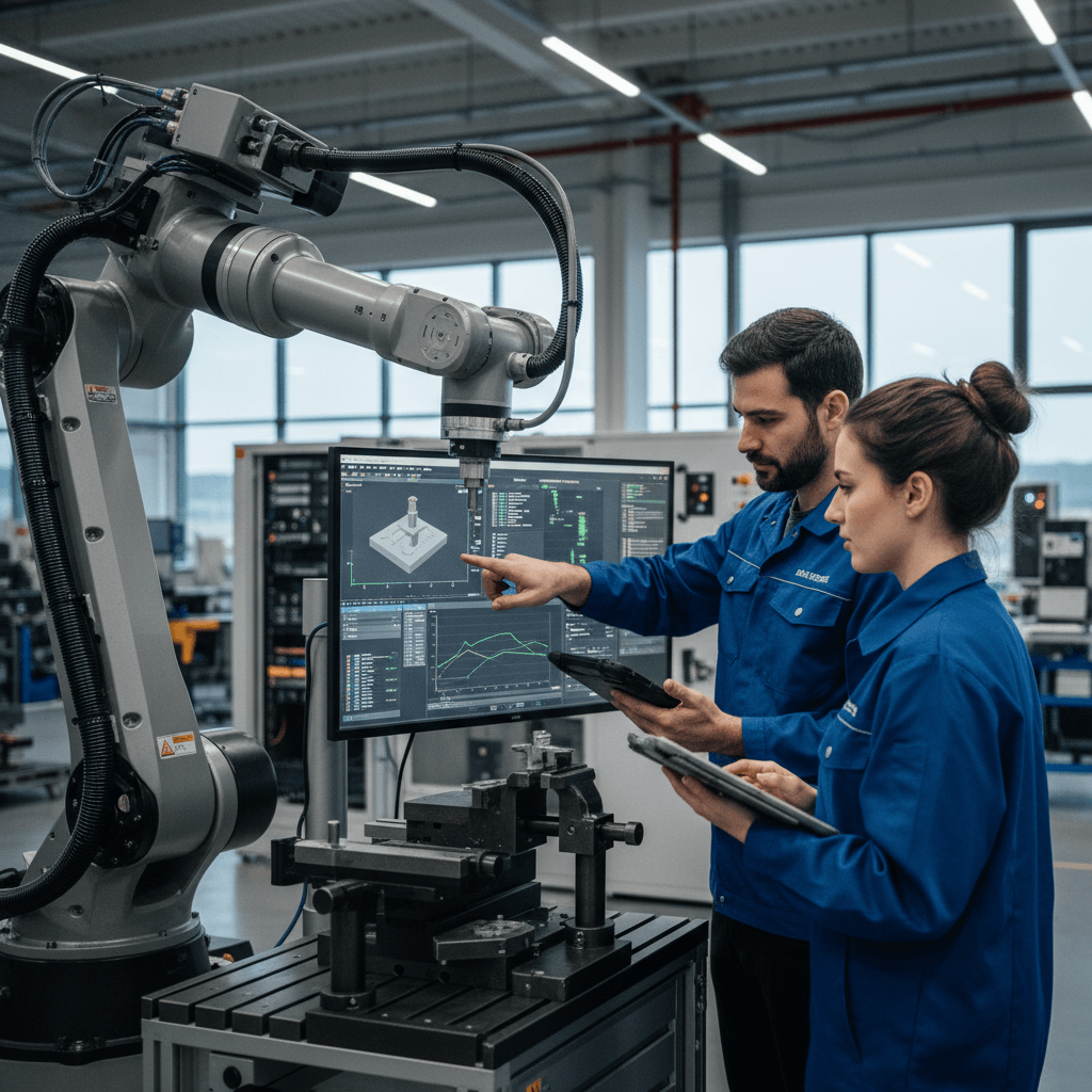 Two engineers, one pointing at a screen displaying AI manufacturing software, next to a robotic arm in a factory.