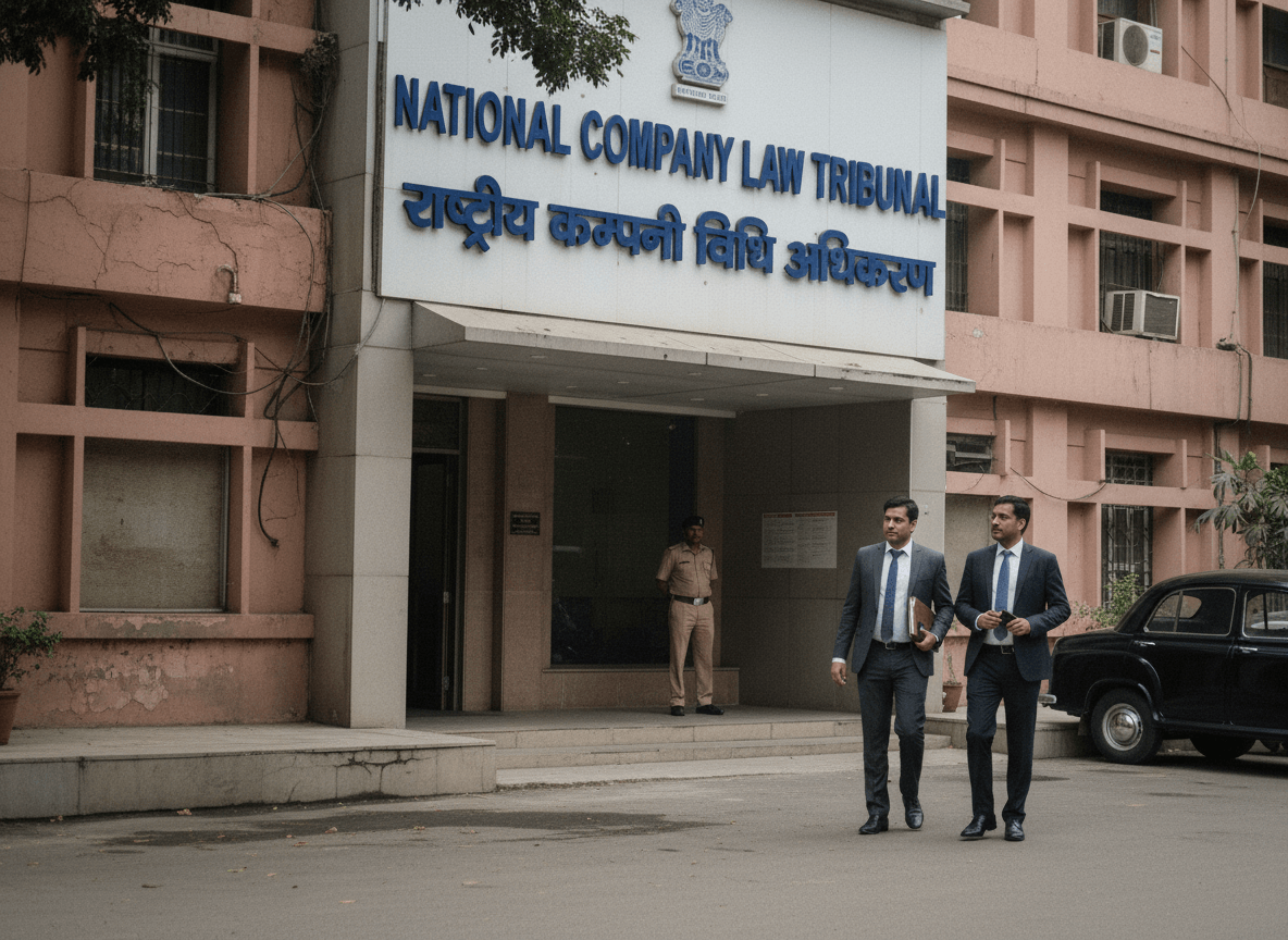 Two lawyers in suits walk away from the National Company Law Tribunal building, a security guard stands near the entrance.