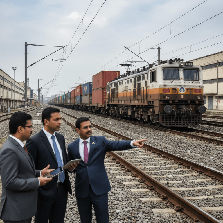 Three men in suits, one pointing towards a long freight train on parallel tracks in an industrial rail yard under an overcast sky.