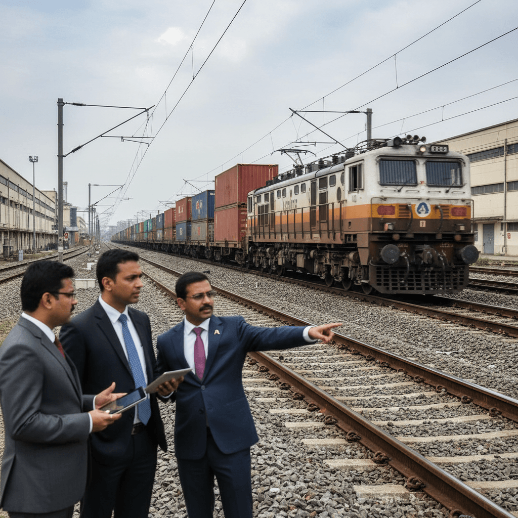 Three men in suits, one pointing towards a long freight train on parallel tracks in an industrial rail yard under an overcast sky.